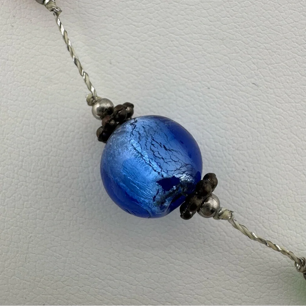 Colorful Beaded Foil Glass Necklace with Silver Details 10 inches Dainty